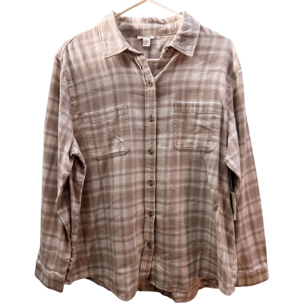 a.n.a a new approach Beige Plaid Flannel Shirt Relaxed Fit Large NWT